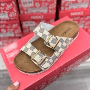 White Checkered Buckle Sandals
